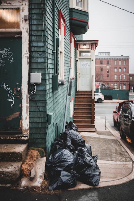 A collection of black plastic rubbish bags stacked against the green shingled exterior wall of a building in an urban residential area. The bags are piled near a small concrete porch with wooden stairs leading up to a white door with a window, positioned on a slightly raised platform. The building features narrow, vertically aligned green wooden cladding with some red trim around the windows and door frame, though the door itself is plain white. To the left, part of a metal door with graffiti and peeling paint is visible, suggesting a less maintained section of the property. The scene is illuminated by natural daylight, with a background showing a parking lot containing a black car and other vehicles, alongside distant brick buildings and a grey sky, indicating an overcast day. The environment reflects an urban setting where independent rubbish disposal may be necessary, and the presence of rubbish bags suggests recent rubbish collection attempts or ongoing waste removal effort by private waste management services like Rubbish Clearance Highbury.